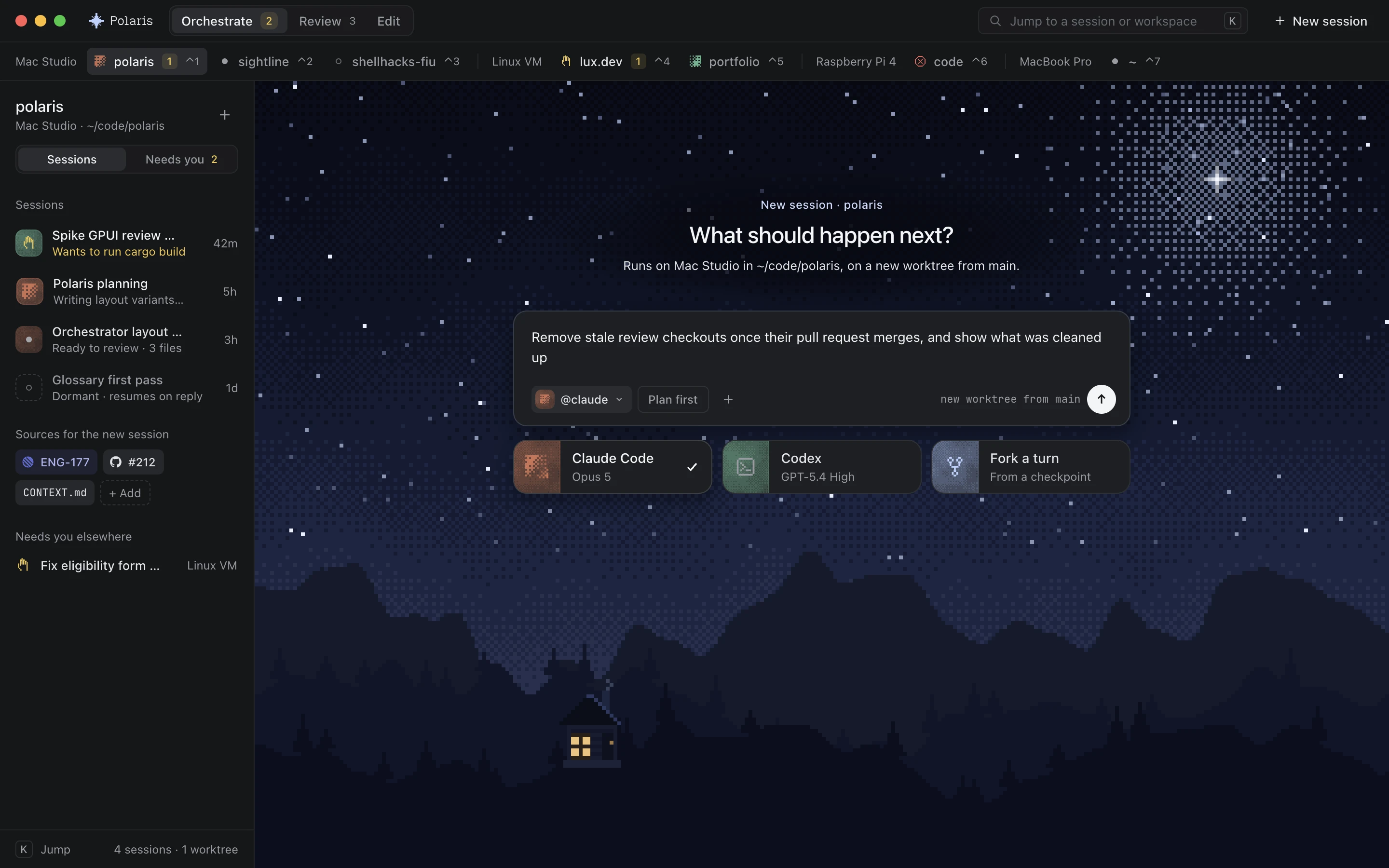 Polaris in dark mode: a new session over a pixel night sky.